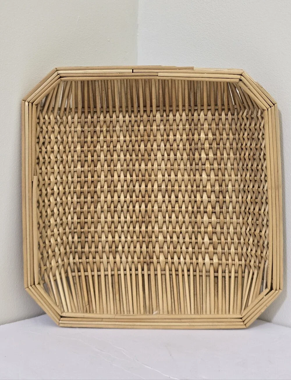 vintage Square Wicker Basket Tray Wall Decor Woven Straw Boho Disco Hippie